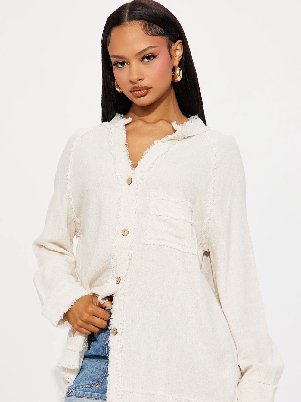 Fashion Nova Ivory Button-Down Shirt
